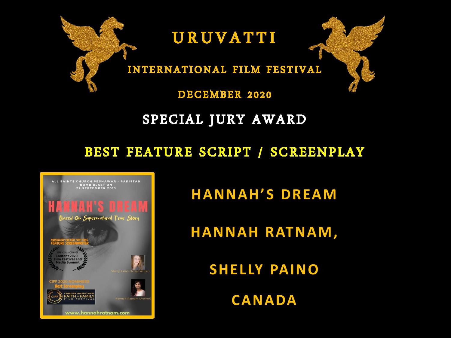 Hannah’s Dream and Believe Both Winners at Uruvatti International Film Festival!